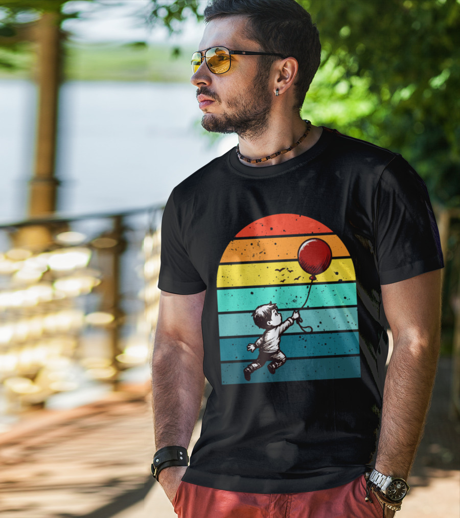 Childhood Nostalgia Boy With Balloon Rainbow Stripes T-Shirt