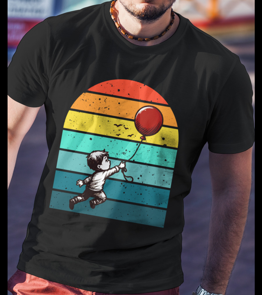 Childhood Nostalgia Boy With Balloon Rainbow Stripes T-Shirt