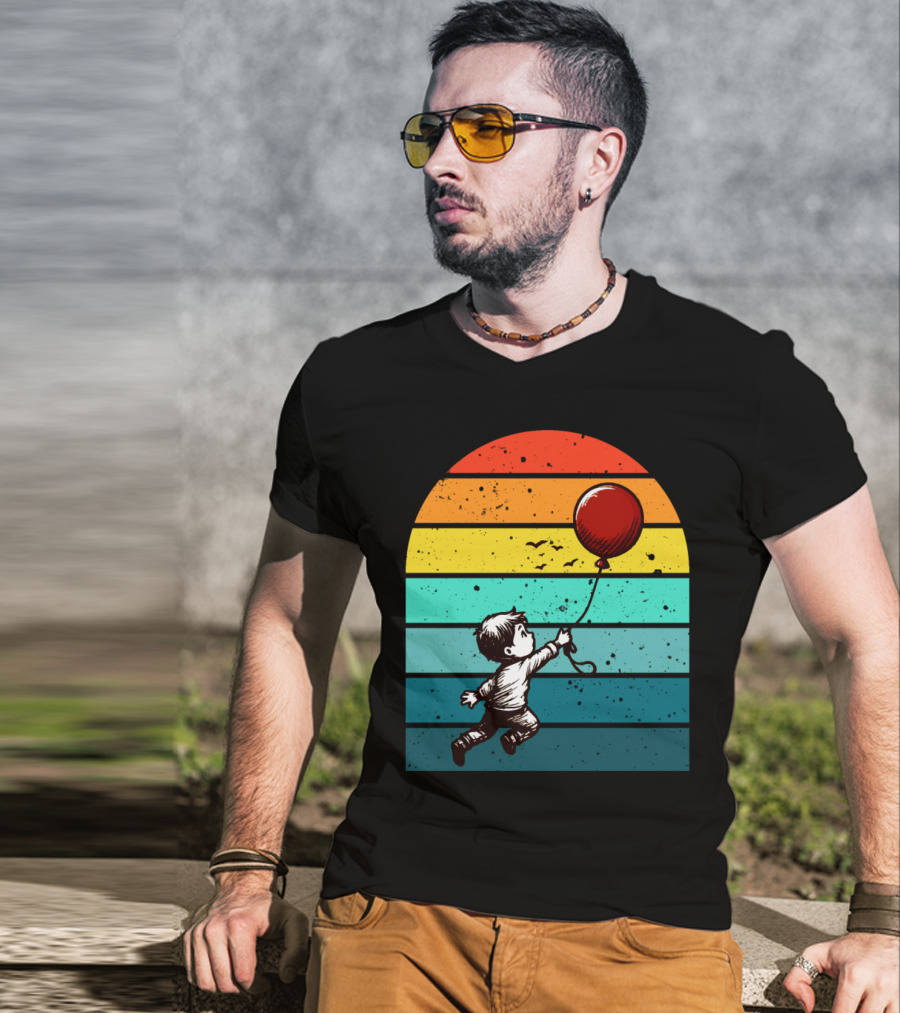 Childhood Nostalgia Boy With Balloon Rainbow Stripes T-Shirt