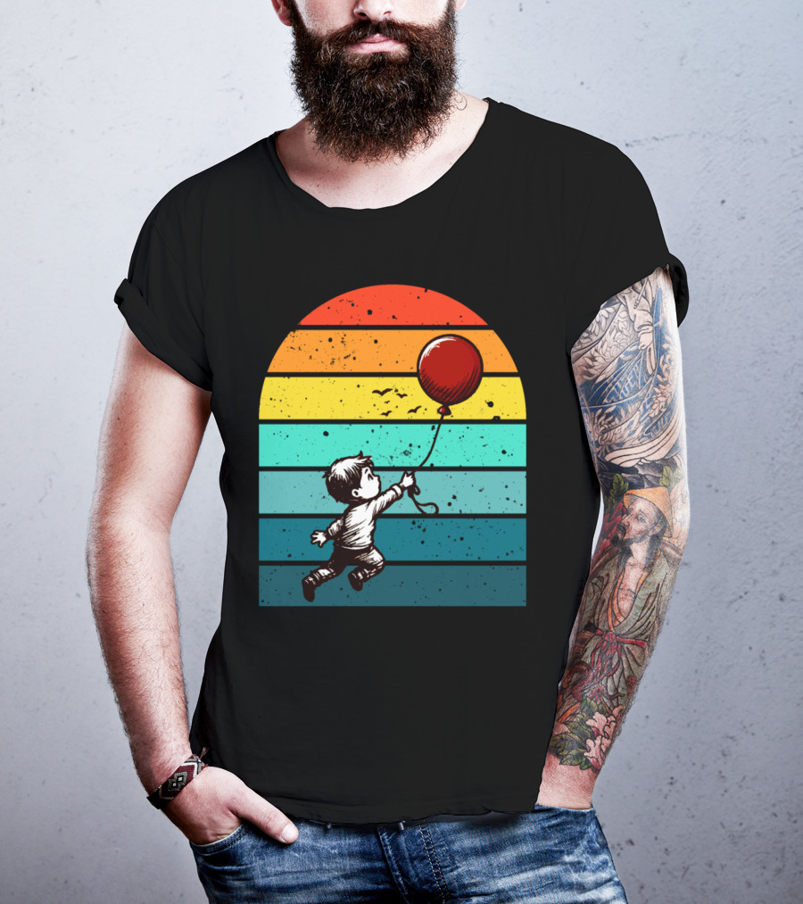 Childhood Nostalgia Boy With Balloon Rainbow Stripes T-Shirt