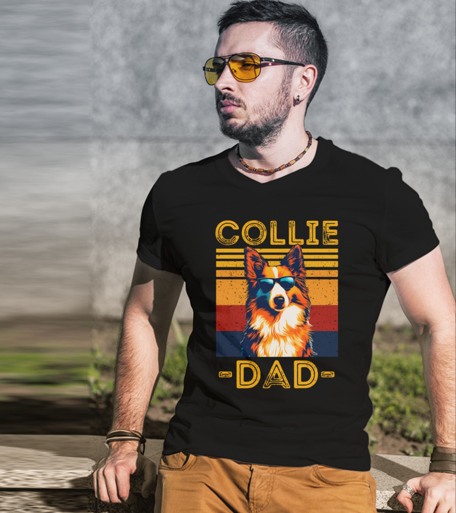 COLLIE DAD Retro Sunglasses Dog Vintage Stripes T-Shirt