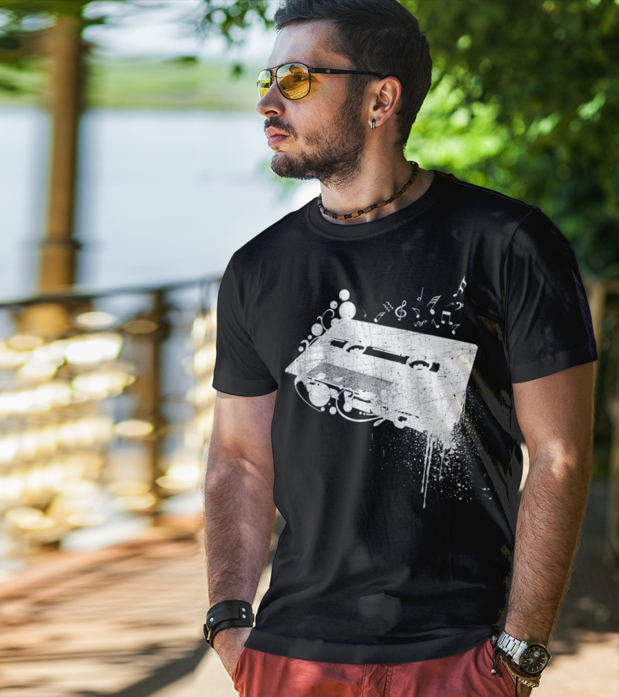 Old School 80s Cassette Tape With Musical Notes Grunge Hip Hop T-Shirt