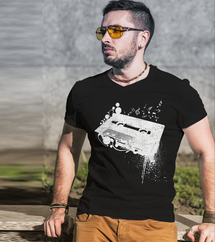 Old School 80s Cassette Tape With Musical Notes Grunge Hip Hop T-Shirt