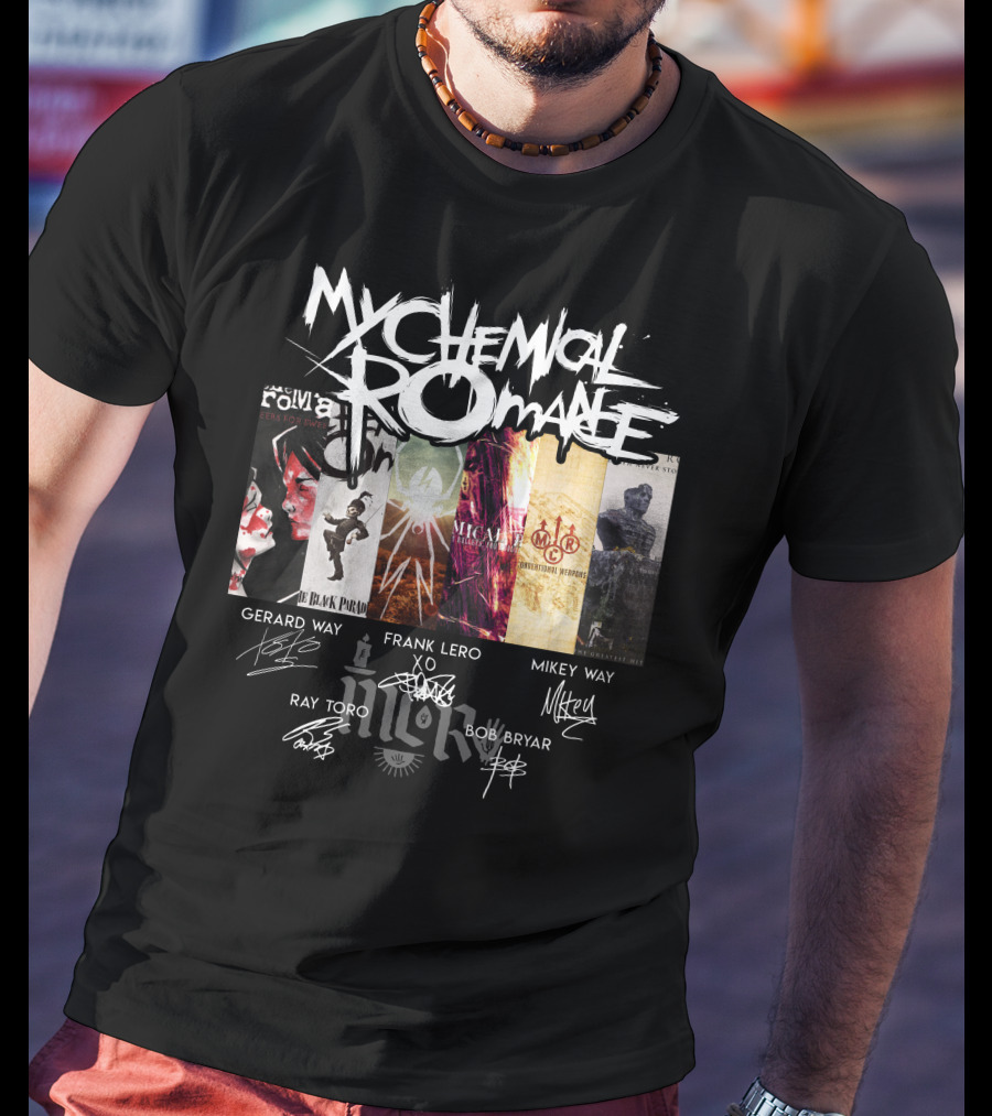 My Chemical Romance Album Collage Gerard Way Frank Iero Mikey Way Ray Toro Bob Bryar Signatures T-Shirt