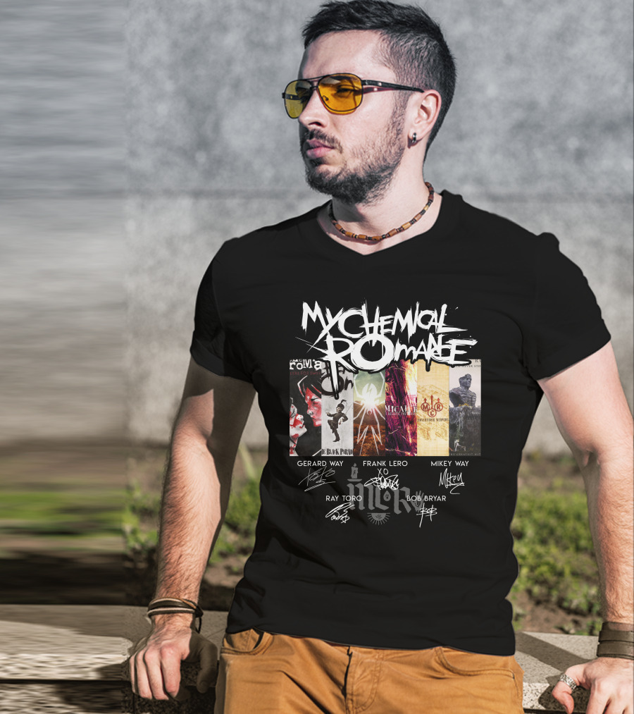 My Chemical Romance Album Collage Gerard Way Frank Iero Mikey Way Ray Toro Bob Bryar Signatures T-Shirt