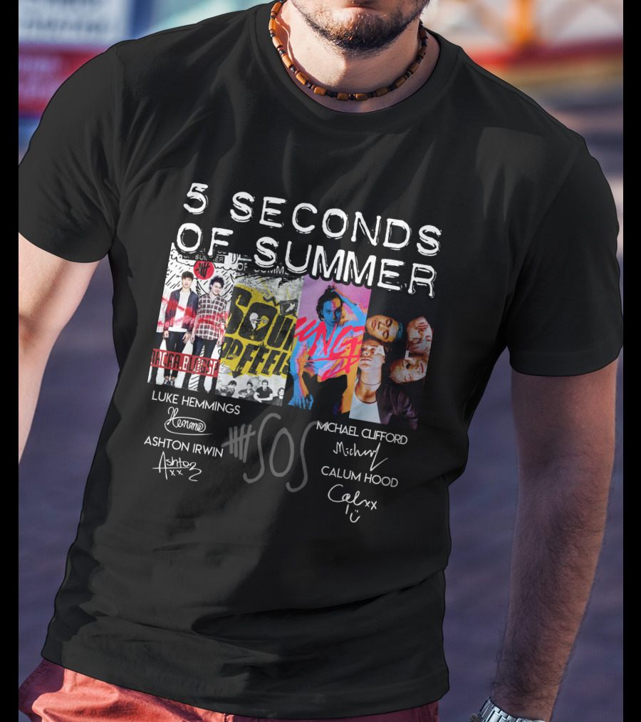 Seconds Of Summer 5Sos Luke Hemmings Michael Clifford Calum Hood Ashton Irwin Signed T-Shirt