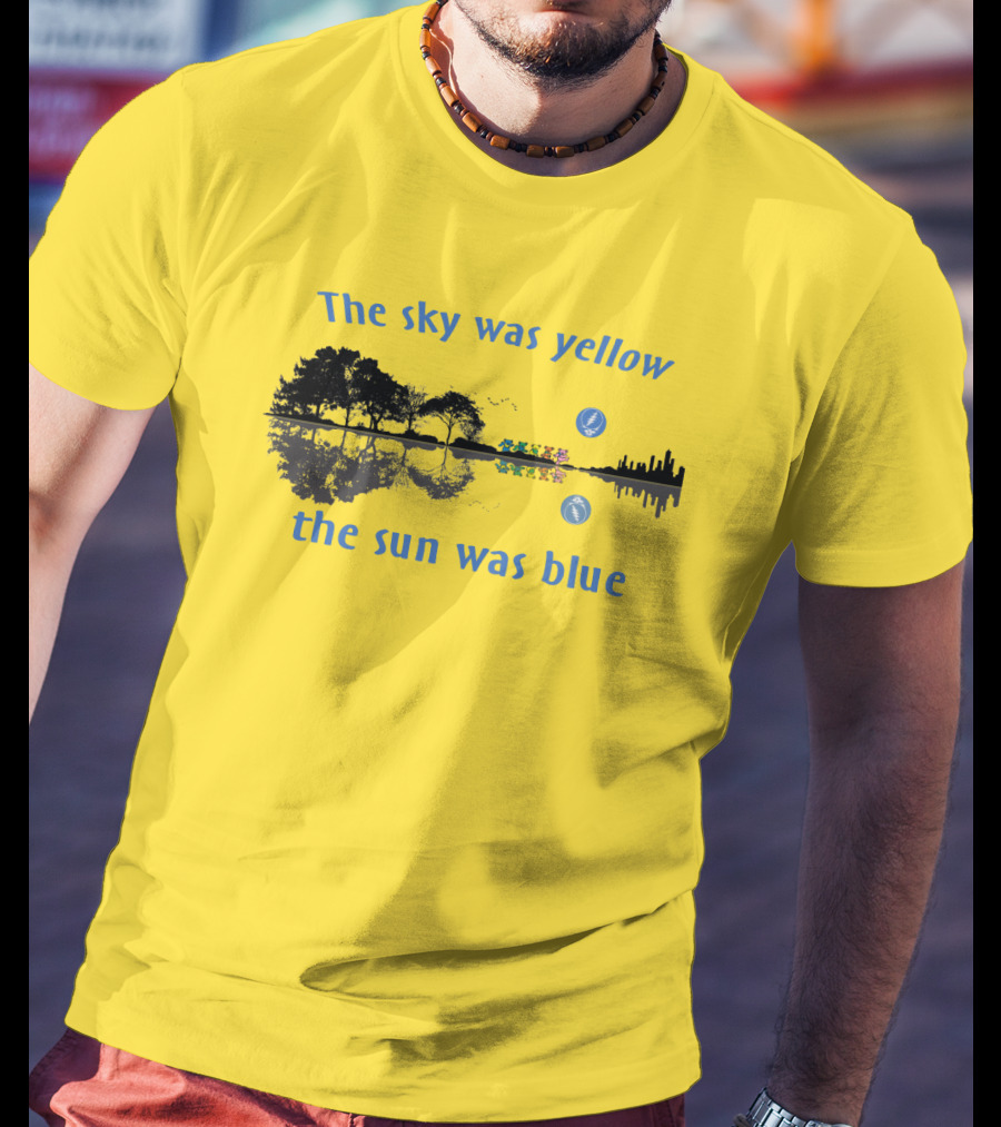 The Sky Was Yellow The Sun Was Blue Reflective Landscape And City Skyline T-Shirt