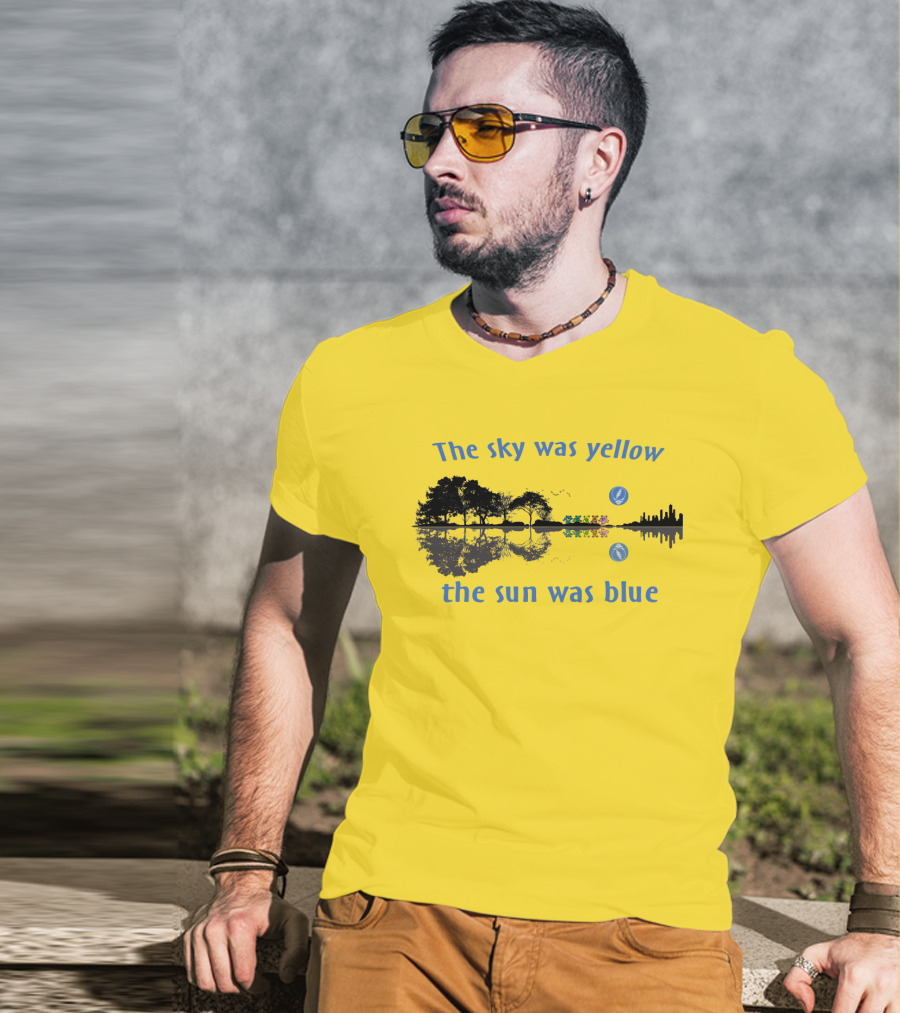The Sky Was Yellow The Sun Was Blue Reflective Landscape And City Skyline T-Shirt