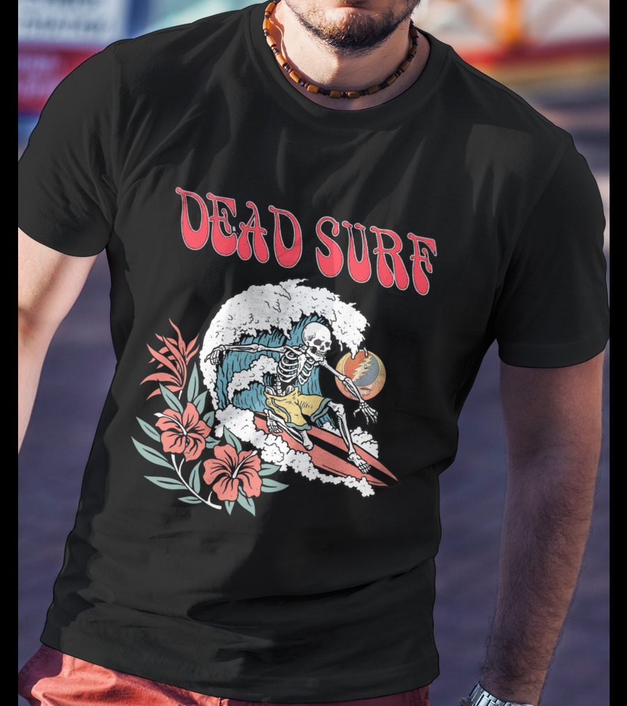 Dead Surf Skeleton Riding Wave With Hibiscus Flowers And Full Moon T-Shirt