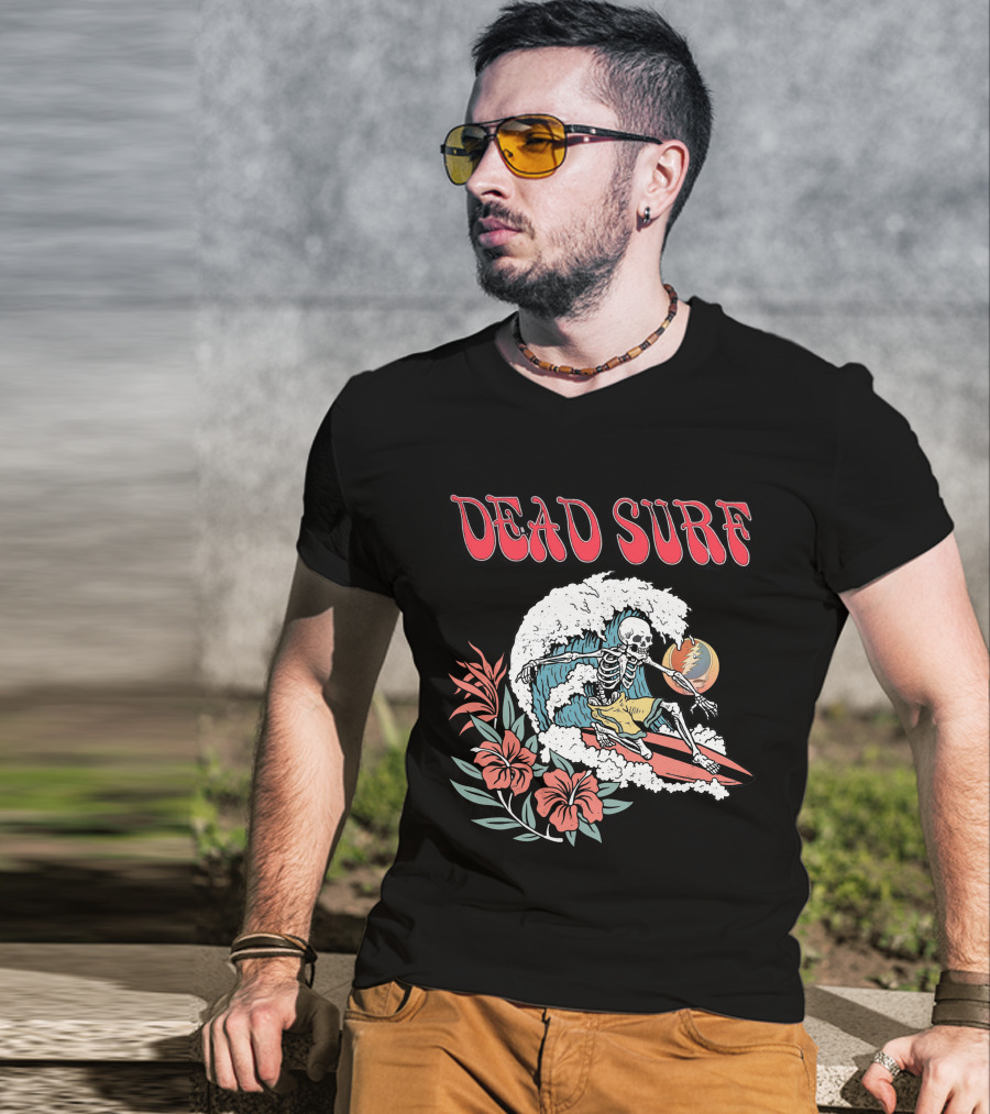 Dead Surf Skeleton Riding Wave With Hibiscus Flowers And Full Moon T-Shirt