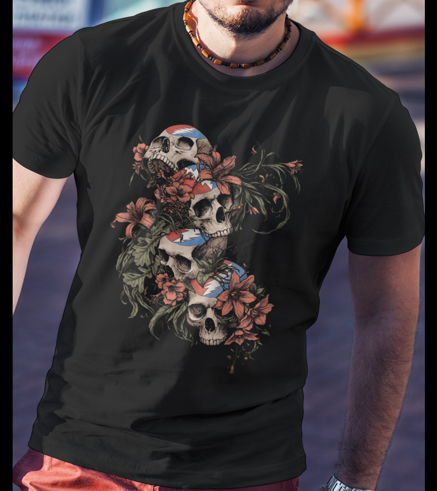 Skull And Floral Grateful Dead Lightning Roses T-Shirt