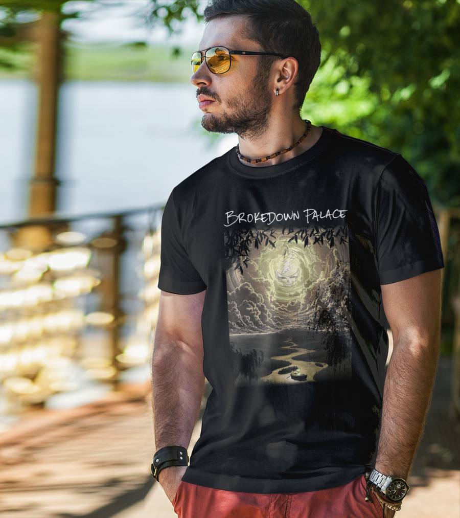 Brokedown Palace Grateful Dead Skull Lightning Flowing River Scene T-Shirt