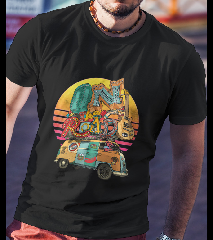 On The Road Retro Sunset Van And Guitar Adventure T-Shirt