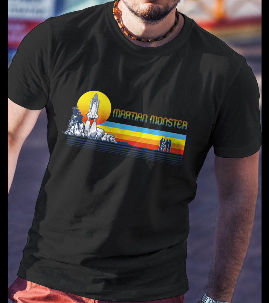 Martian Monster Space Shuttle Launch Rocket Silhouette Retro Sunset T-Shirt