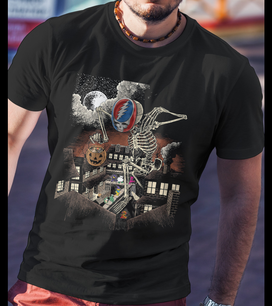 Grateful Dead Halloween Skeleton With Pumpkin And Dancing Bears Under Full Moon T-Shirt