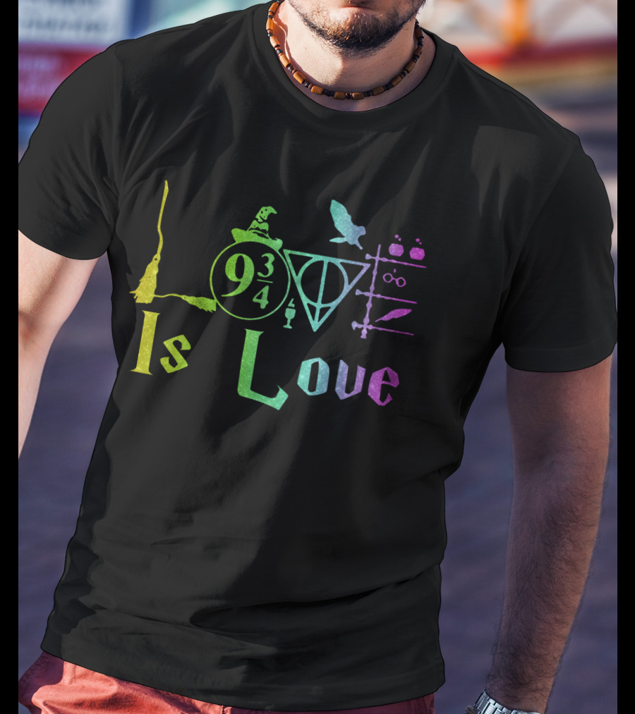 Love Is Love 9 3/4 Rainbow Hogwarts Symbols T-Shirt