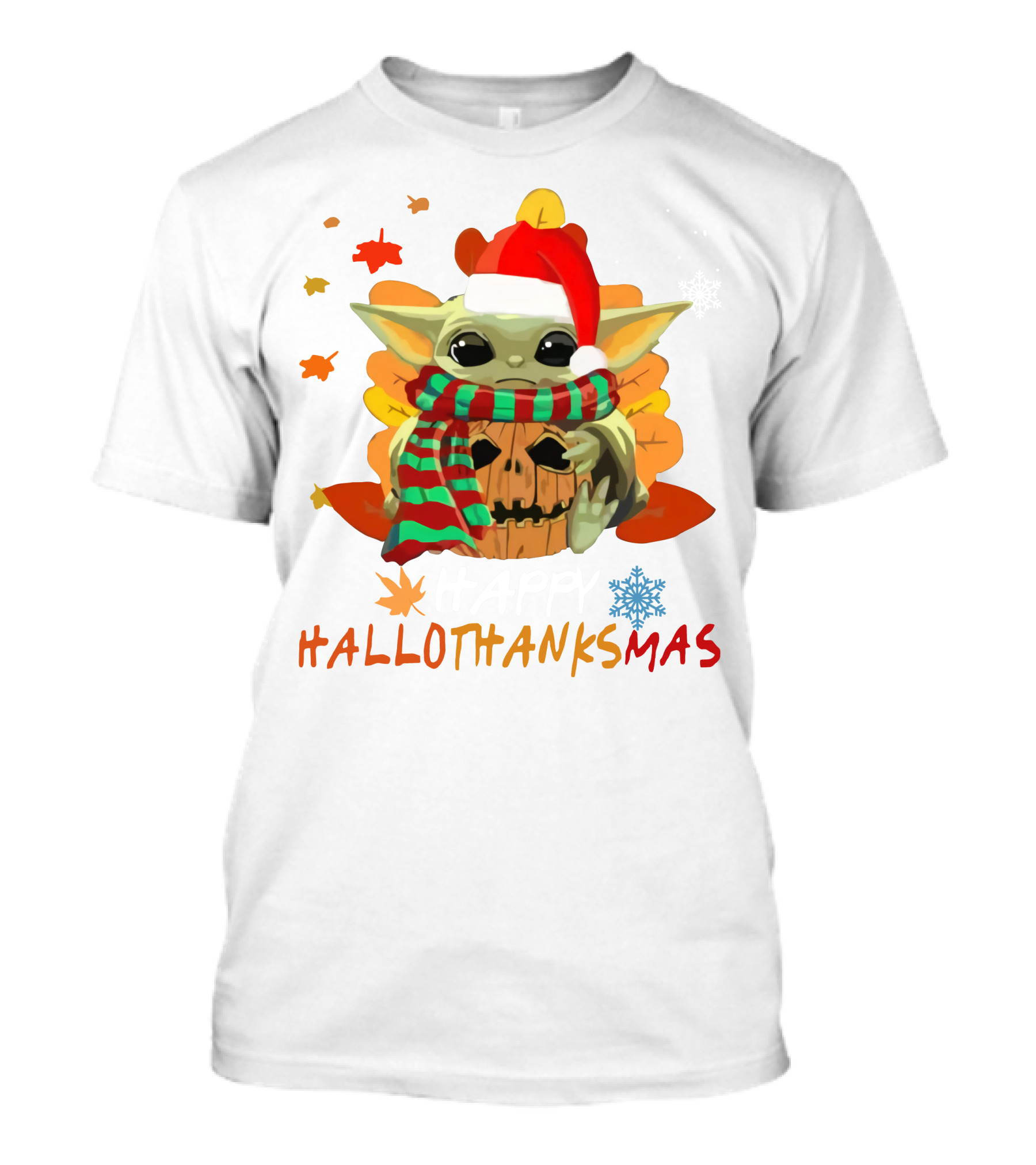 HALLOTHANKSMAS Baby Yoda Pumpkin Scarf Santa Hat Leaves Snowflake T-Shirt