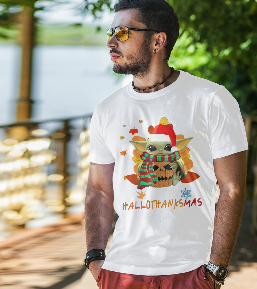 HALLOTHANKSMAS Baby Yoda Pumpkin Scarf Santa Hat Leaves Snowflake T-Shirt