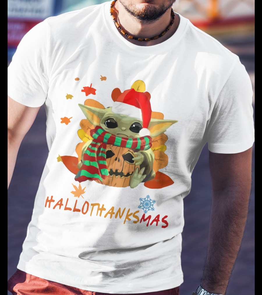 HALLOTHANKSMAS Baby Yoda Pumpkin Scarf Santa Hat Leaves Snowflake T-Shirt