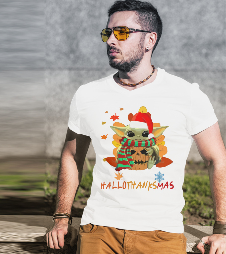 HALLOTHANKSMAS Baby Yoda Pumpkin Scarf Santa Hat Leaves Snowflake T-Shirt