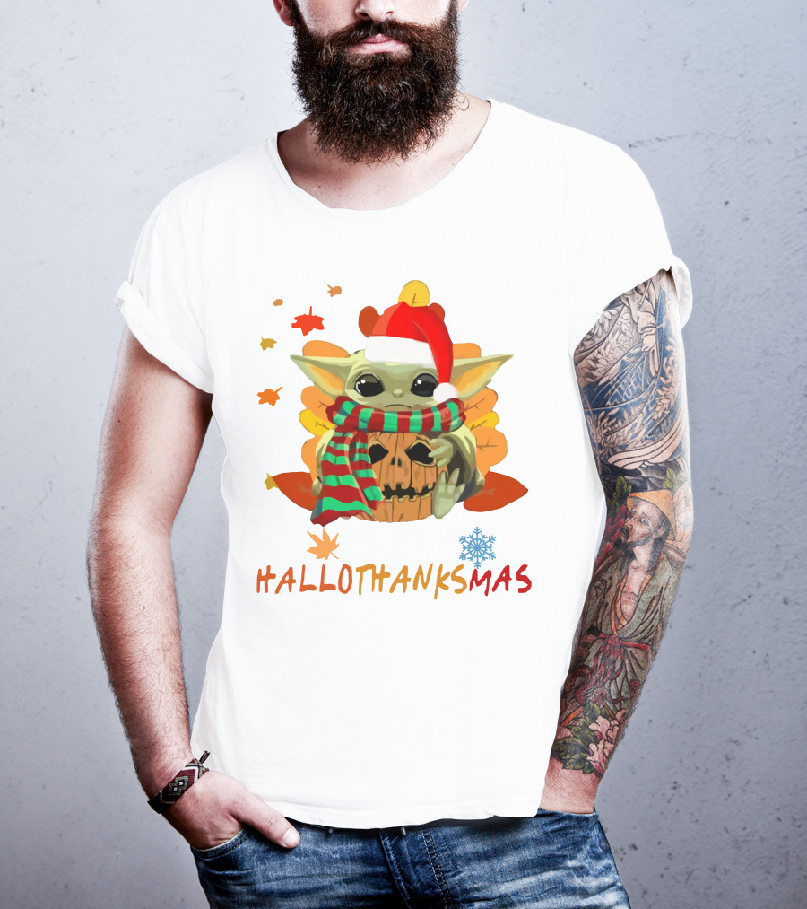 HALLOTHANKSMAS Baby Yoda Pumpkin Scarf Santa Hat Leaves Snowflake T-Shirt