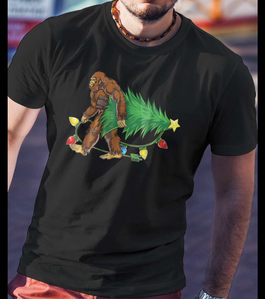 Bigfoot Sasquatch Christmas Tree With Lights Santa4 T-Shirt