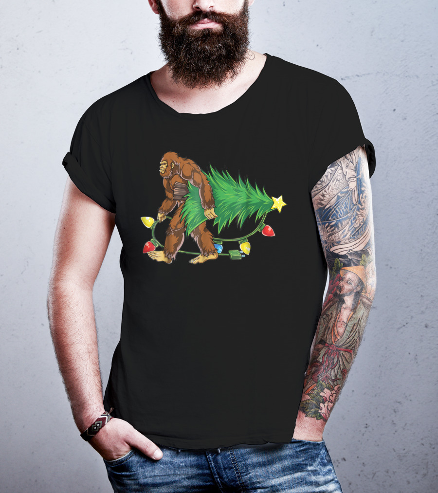 Bigfoot Sasquatch Christmas Tree With Lights Santa4 T-Shirt