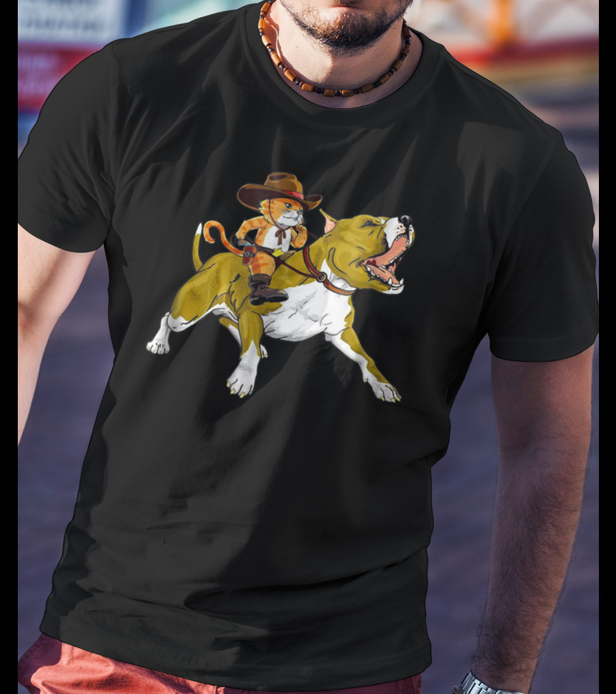 Cat Riding Pitbull Funny Kitty Kitten Cowboy Hat Gif16 T-Shirt