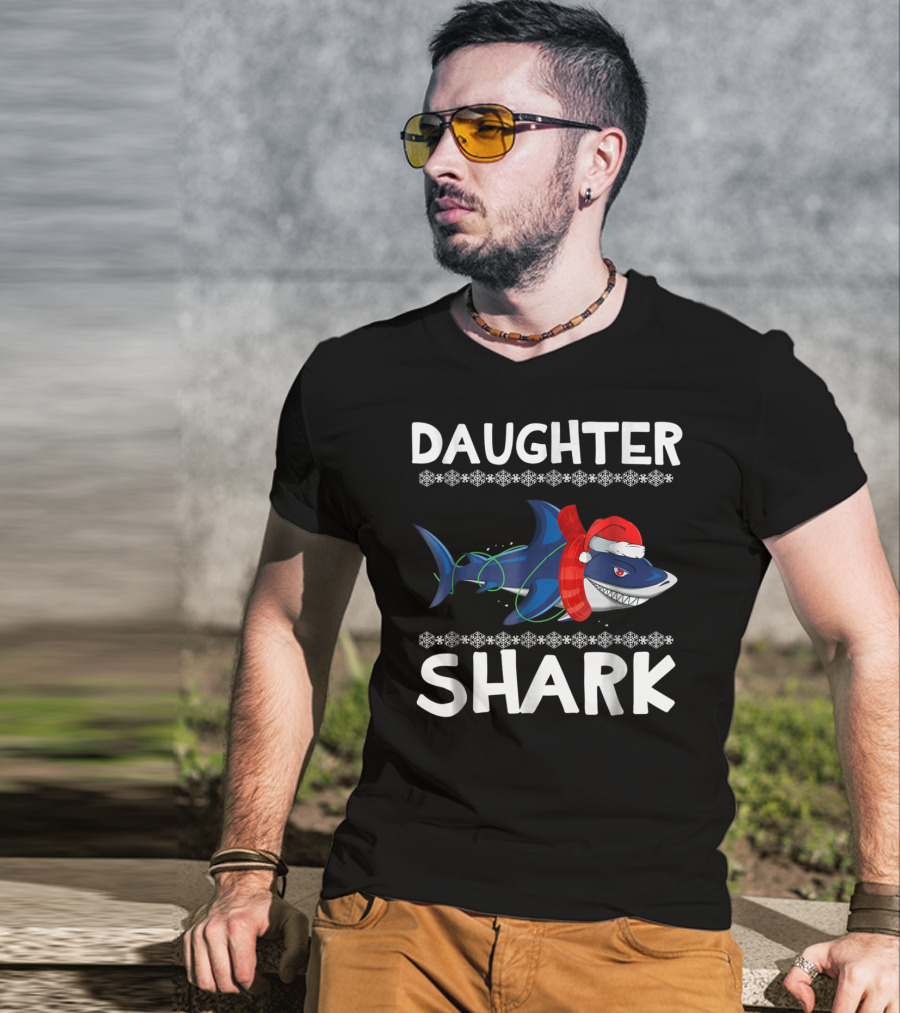 Daughter Shark Christmas Santa Hat Scarf Ugly Sweater Family T-Shirt