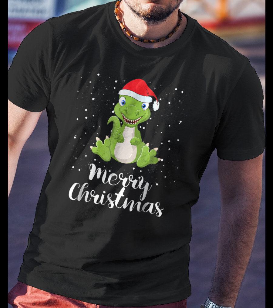 Merry Christmas Dinosaur Santa Hat Matching Family Group T-Shirt