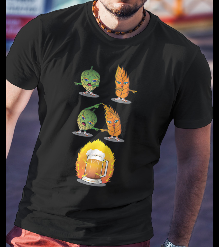 Funny Beer Fusion Hop And Malt Characters With Beer Mug Explosion T-Shirt