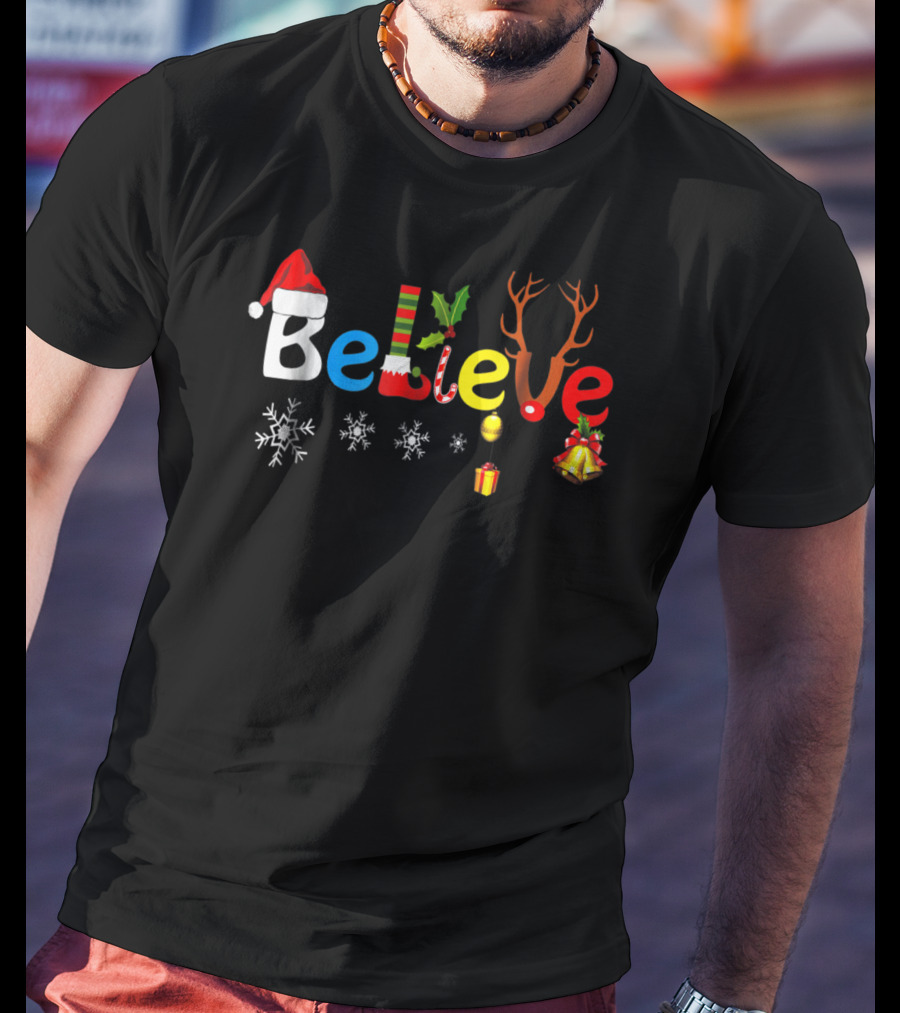 Believe Funny Christmas Santa Elf Reindeer Holiday Icons T-Shirt