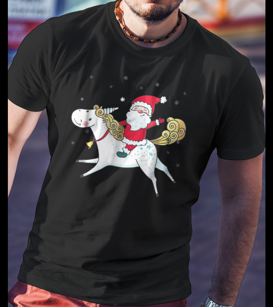 Funny Santa Claus Riding A Unicorn Christmas Noel T-Shirt