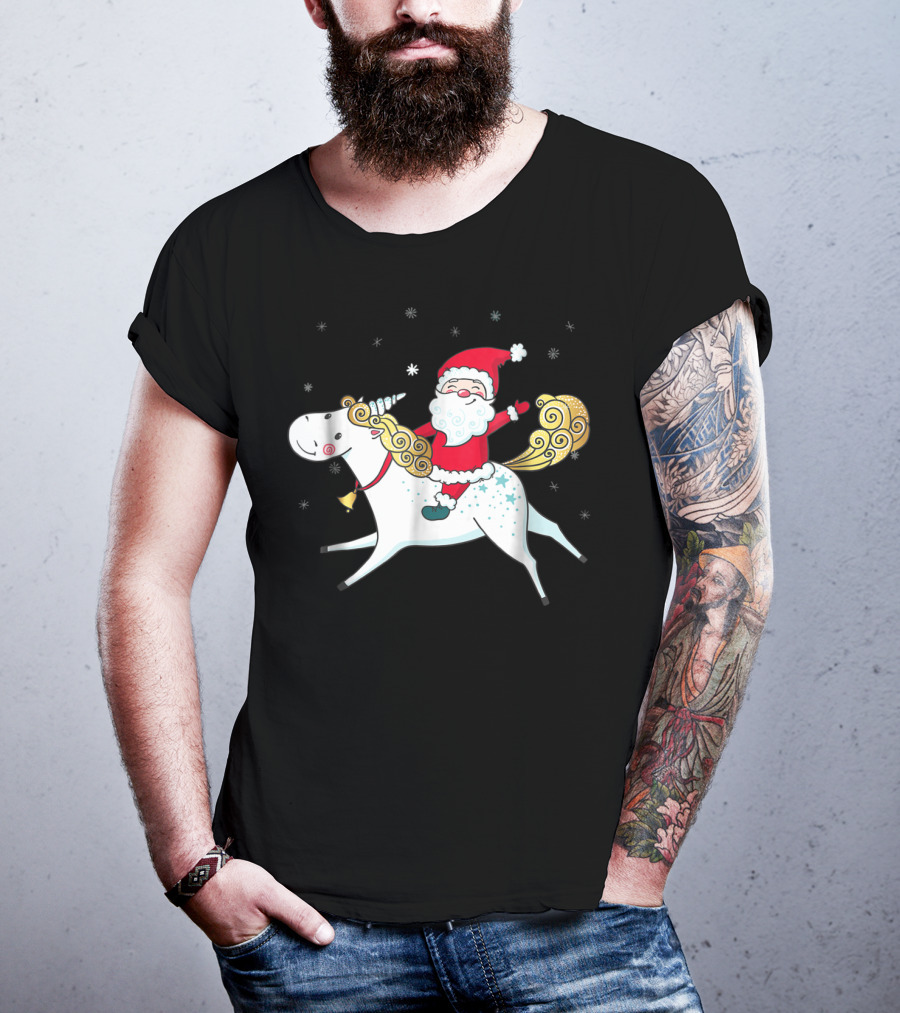 Funny Santa Claus Riding A Unicorn Christmas Noel T-Shirt