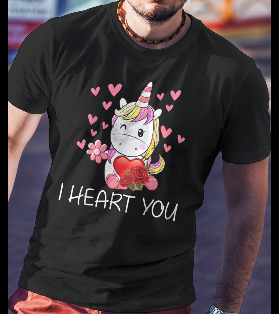 Girls Cute Unicorn I Heart You Valentines Day Hearts Roses T-Shirt
