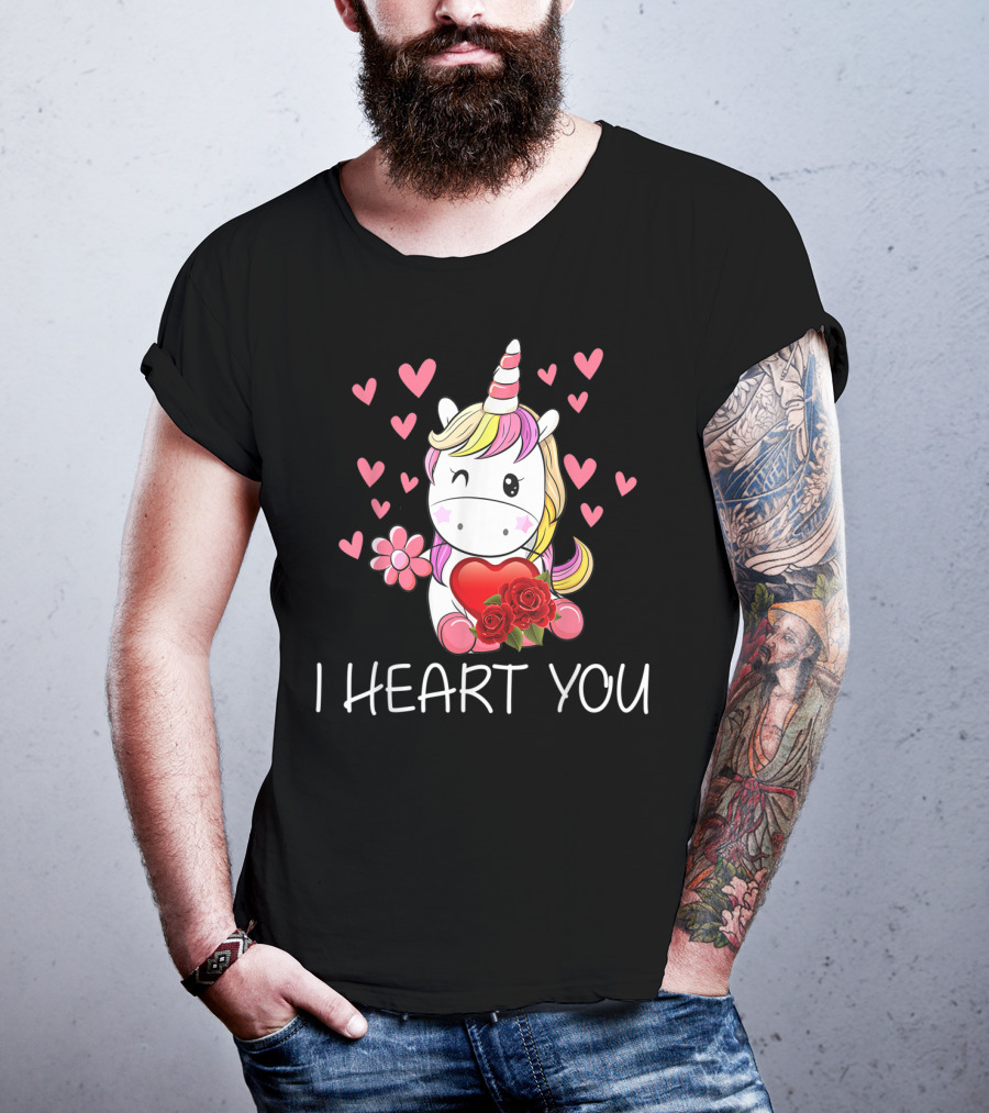 Girls Cute Unicorn I Heart You Valentines Day Hearts Roses T-Shirt
