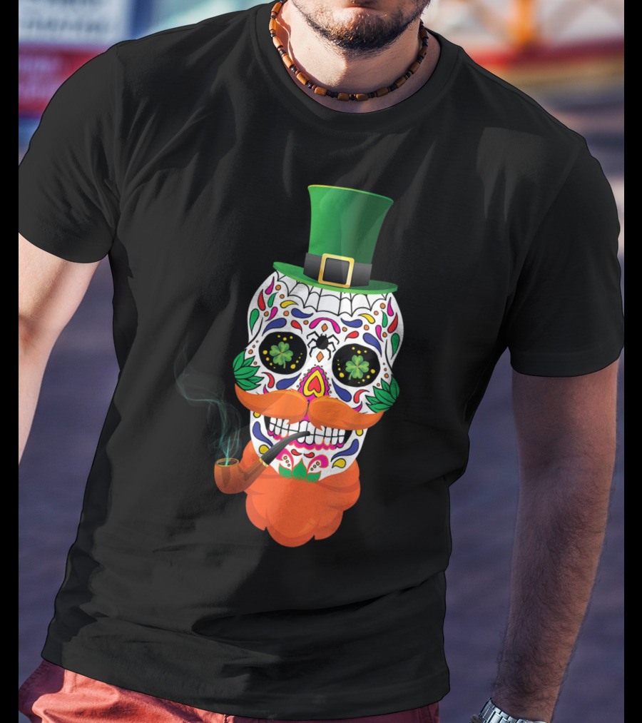 Irish Sugar Skull Leprechaun St Patricks Day Clover Pipe Hat Colorful T-Shirt