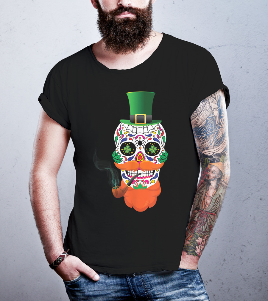 Irish Sugar Skull Leprechaun St Patricks Day Clover Pipe Hat Colorful T-Shirt