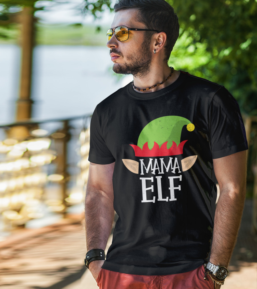 Mama Elf Christmas Matching Family Elves Hat And Ears T-Shirt