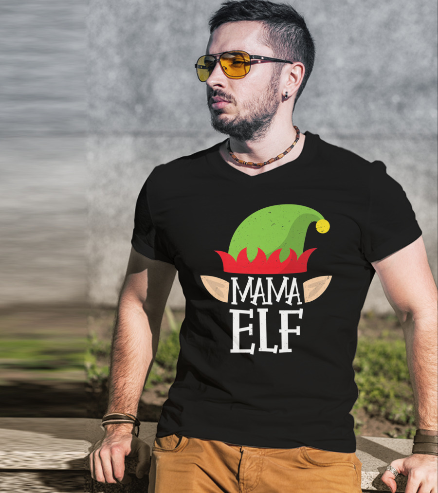 Mama Elf Christmas Matching Family Elves Hat And Ears T-Shirt