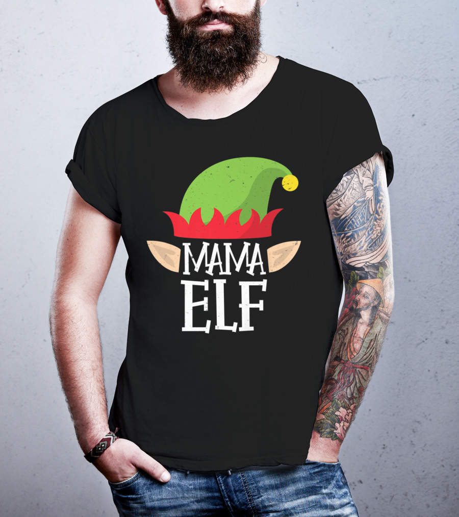Mama Elf Christmas Matching Family Elves Hat And Ears T-Shirt