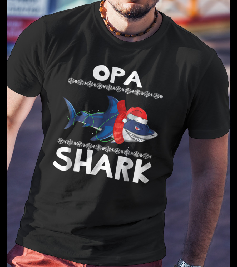 Opa Shark Christmas Family Santa Hat Snowflakes Ugly T-Shirt