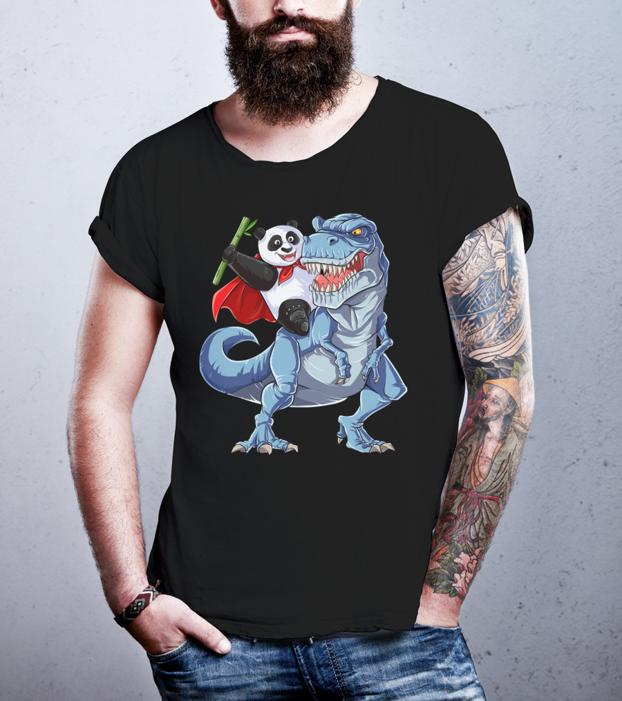 Panda Riding Dinosaur Rex Funny Pandas Bear 3 T-Shirt