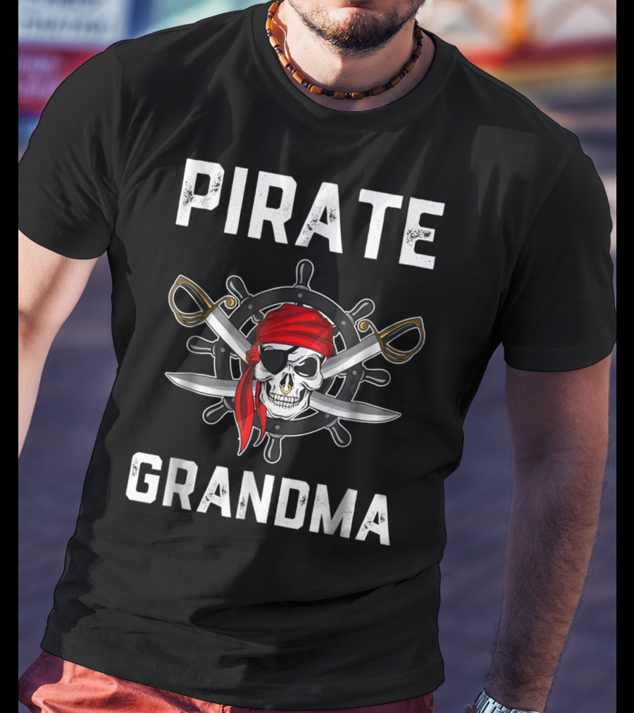 Pirate Grandma Skull Bandana Wheel Crossed Swords T-Shirt