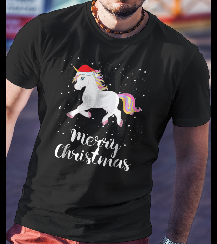 Merry Christmas Unicorn Santa Hat Family Group Matching T-Shirt