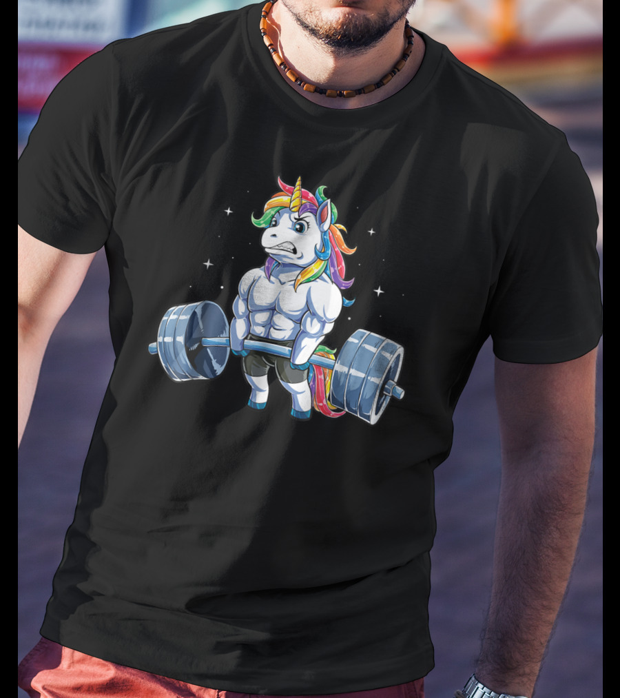 Unicorn Weightlifting Fitness Gym Deadlift Rainbow13 Muscular Mythical Beast Lifting Barbell T-Shirt
