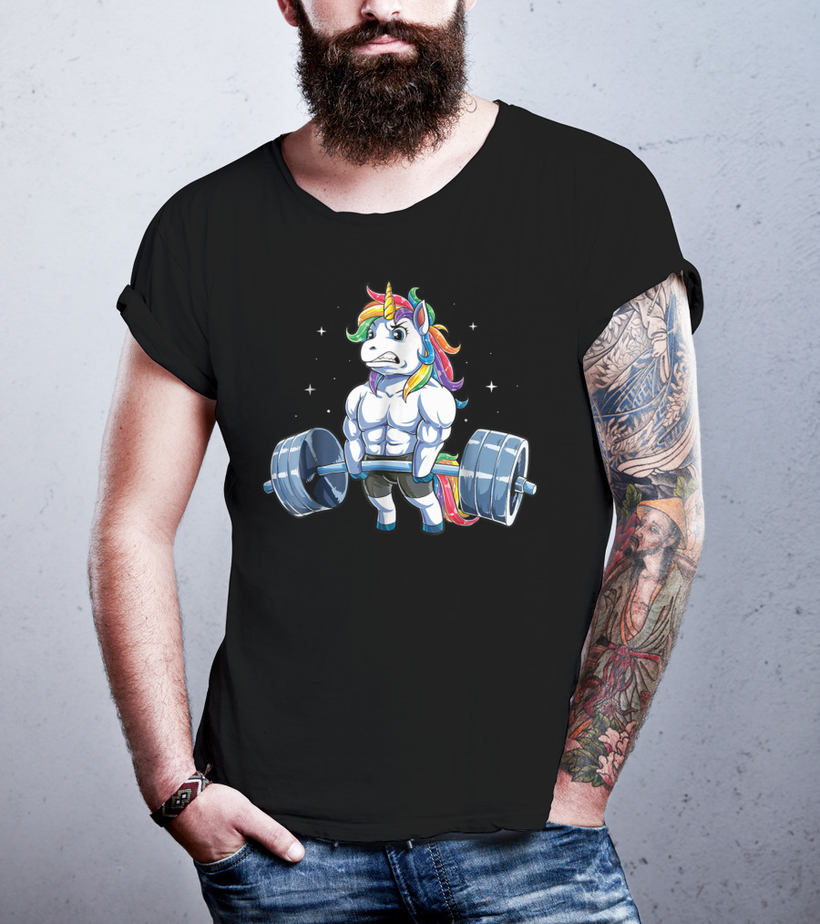 Unicorn Weightlifting Fitness Gym Deadlift Rainbow13 Muscular Mythical Beast Lifting Barbell T-Shirt