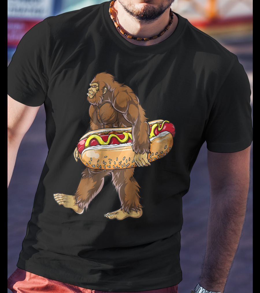 Bigfoot Carrying Giant Hotdog Sasquatch Food Lovers T-Shirt
