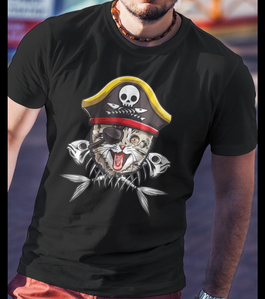 Cat Pirate Jolly Roger Flag Skull Crossbones Captain15 Eye Patch Fish Bones Hat Skull T-Shirt