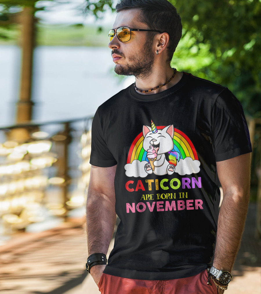 Caticorn Are Born In November Rainbow Ice Cream Cloud Cat Unicorn T-Shirt